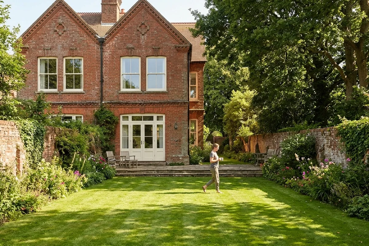 Garden side of a large red brick Victorian villa with off-white sash windows and French doors, a person crossing the lawn with a mug
