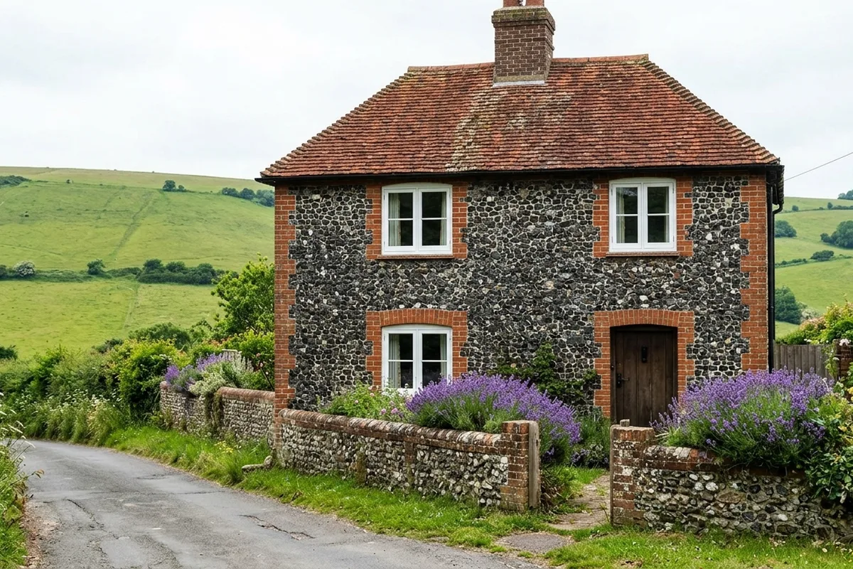Knapped flint cottage with red brick dressings and white flush casement windows, typical of the downland villages near Lewes