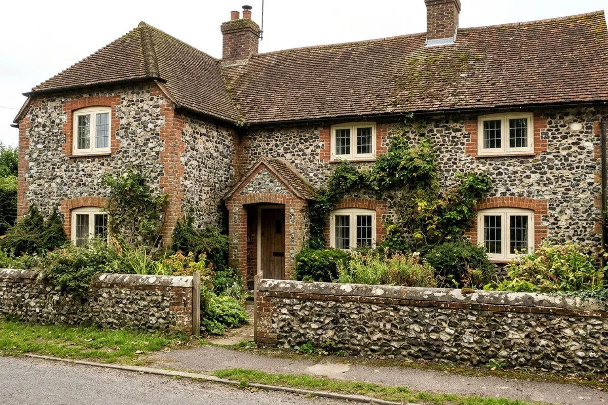 Flint cottage with red brick dressings, cream casement windows and a small brick porch behind a flint wall, typical of Glynde