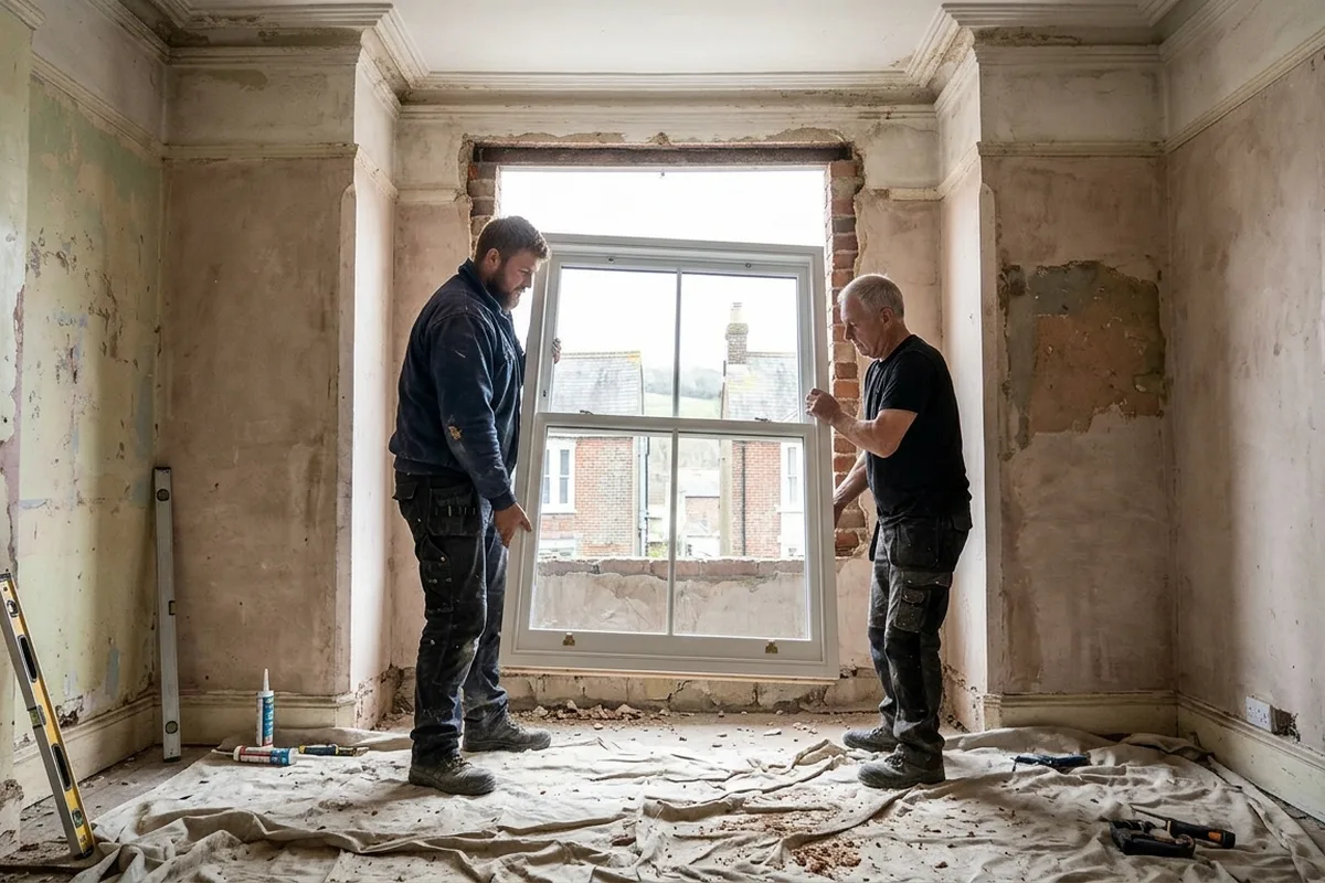 Two installers in dark workwear setting a new white two-over-two sash window into a stripped-back opening inside a period house, dust sheets and tools on the floor