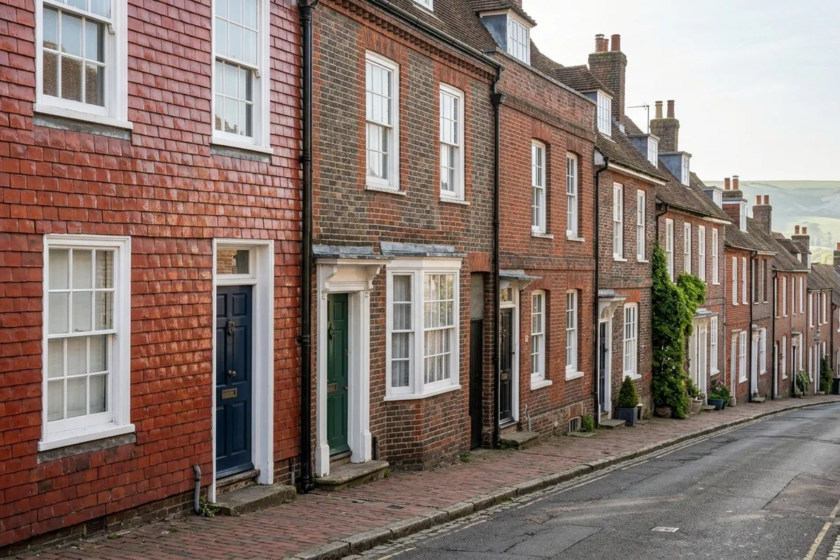 Street of Georgian brick and tile-faced terraced houses with white painted sash windows and a shallow bow window