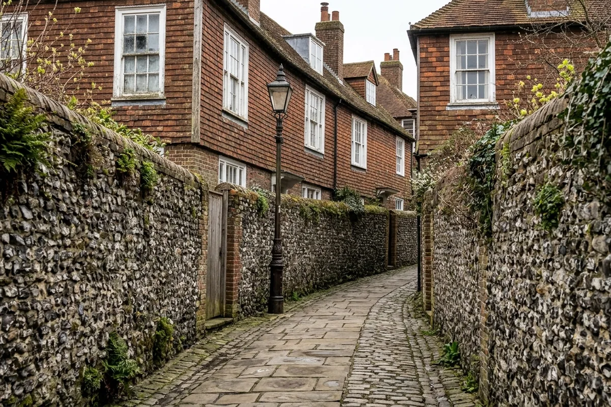 Narrow paved path between high flint walls, typical of a Lewes twitten, with sash windows on the houses above