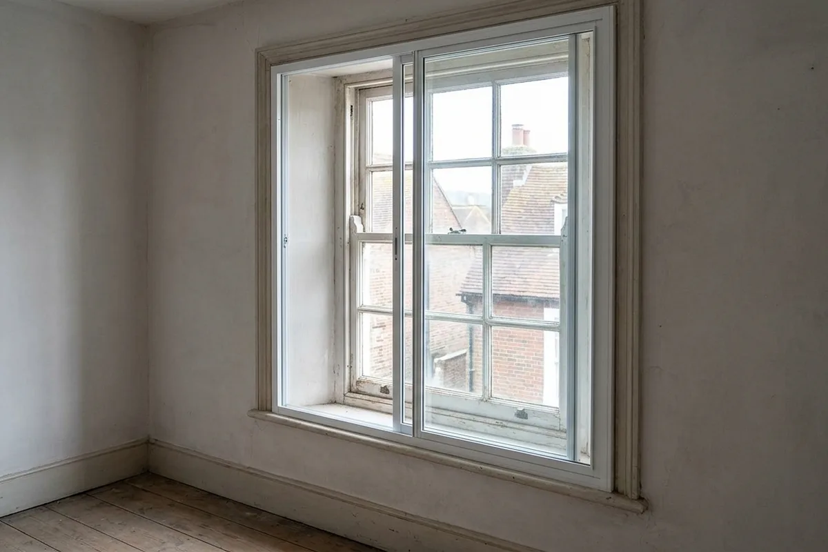Slim white secondary glazing unit with two sliding panes fitted inside the reveal, in front of an old six-over-six painted sash, in an empty room with bare floorboards
